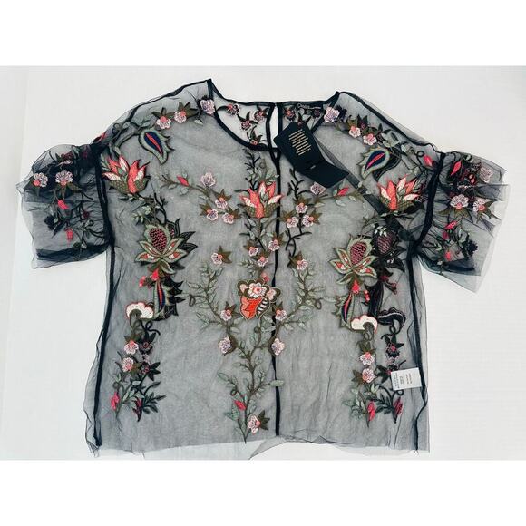 Dalia Casual Tops - NWT Dalia Black Mesh Boho Floral Embroidered Flutter Sleeve Blouse - Size L